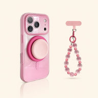 Rose Pink gradient magnetic iPhone case with matching stand and pink beaded wrist chain