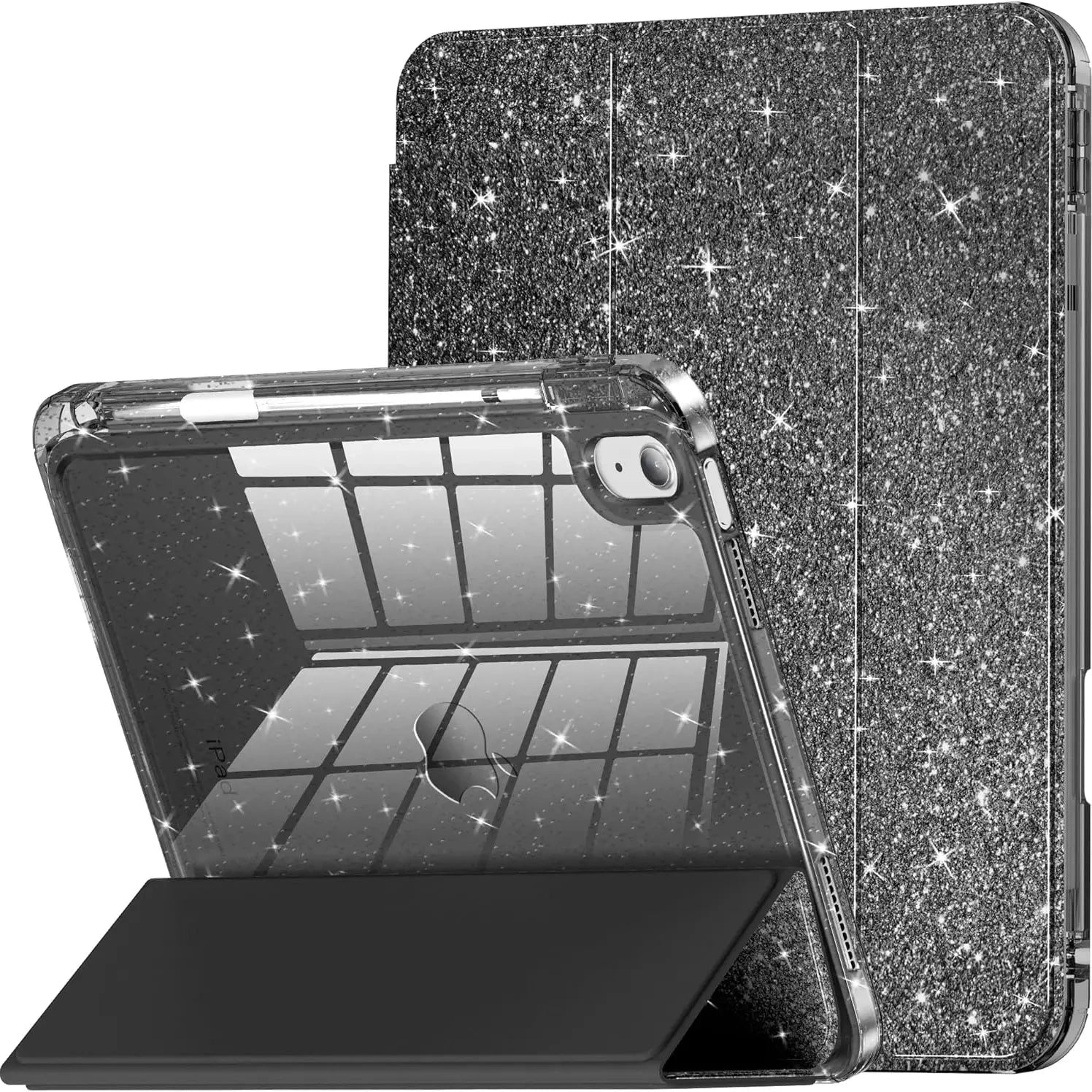 INFILAND Compatible with iPad Case, Glitter Cover with Sparkly Clear Back, Pencil Holder, for Kids Girls Computer Tablet Casing Protection Protective - Color Black (variant image)