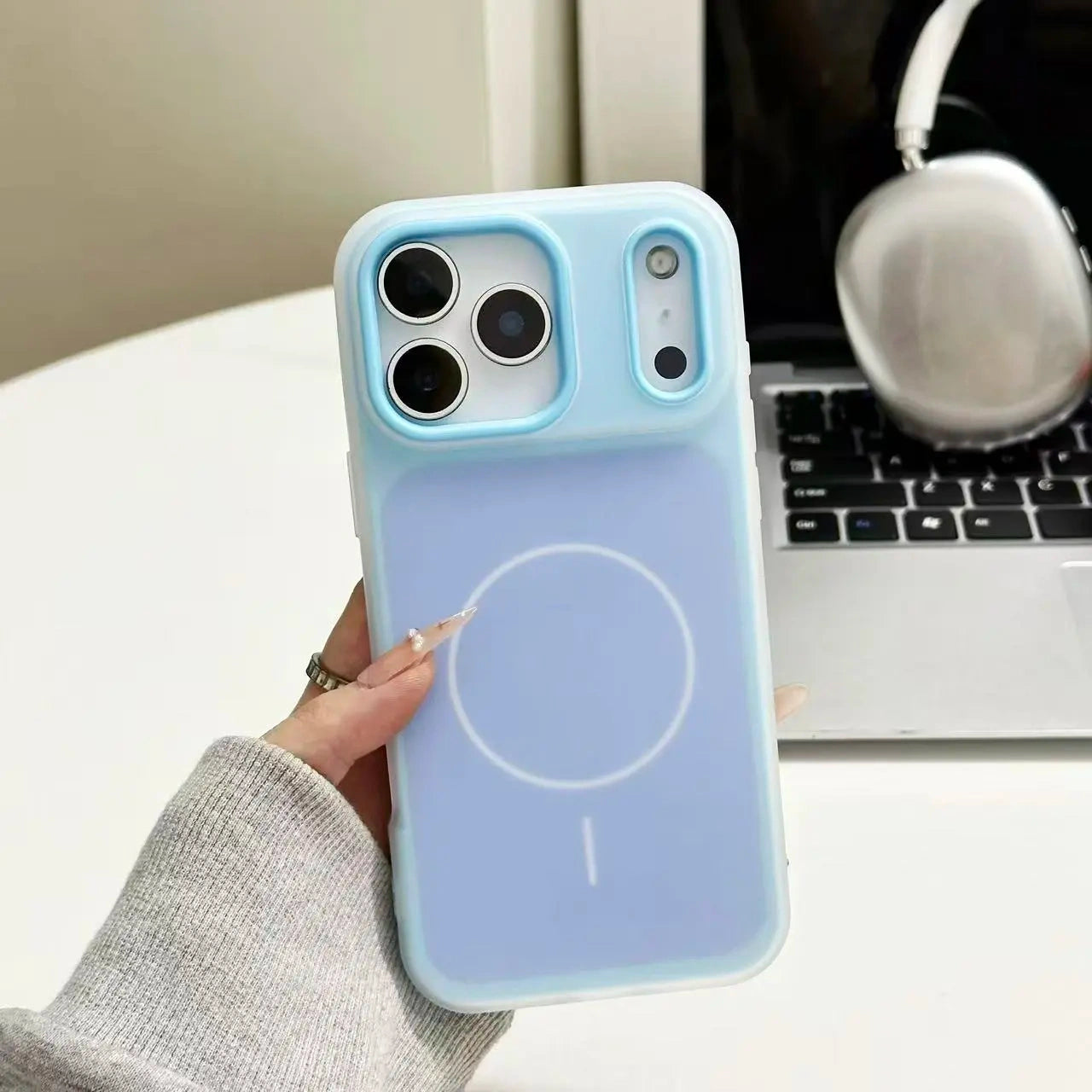 HISTORYOO for iPhone 17 Pro Max 16 Pro 15 14 Plus 13 12 11 Pro Magnetic (not strong) Defender 2 In 1 Dual Layer Jelly Soft Matte Clear Silicone + Candy Color-Blocking PC Hybrid Magsafe Wireless Charging Case Frosted Shockproof Bumper Luxury Back Cover - Color Blue (variant image)