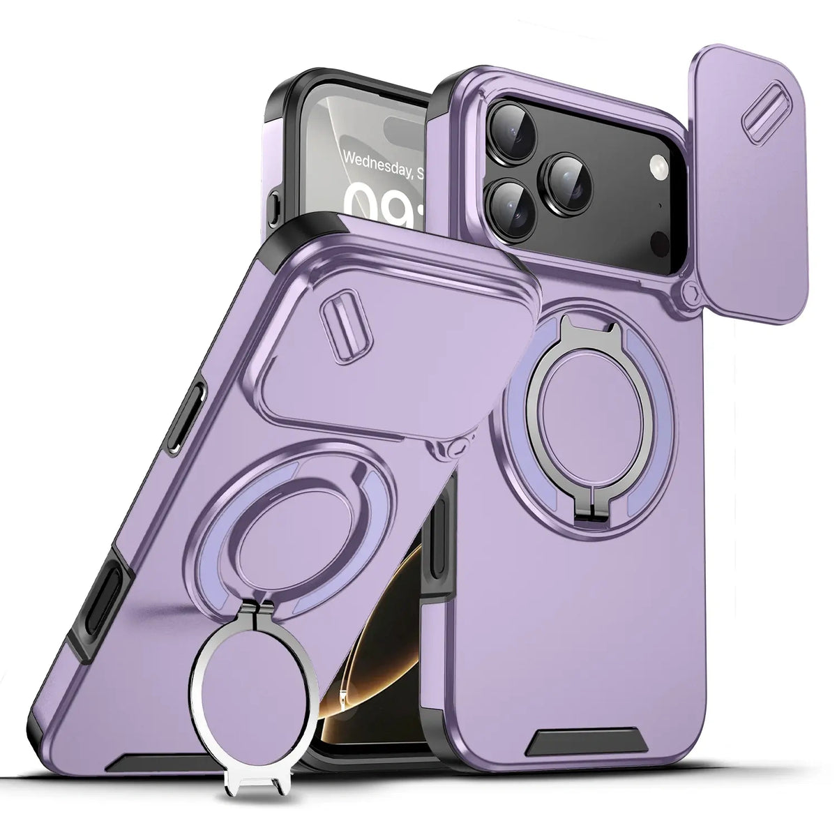 Heavy-duty iPhone case with sliding camera cover in Purple