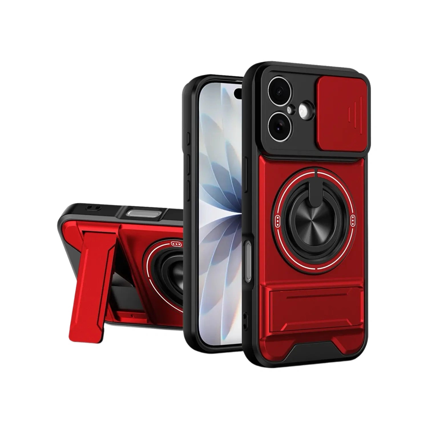 Military-Grade iPhone Case with Sliding Camera Cover & Ring Stand in Red
